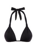 Front view of Tulum Top in black showcasing ruched triangle cups and halter-tie neck on white background