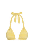 Front view of Tulum Top in Meyer Stripe, pleated triangle cups and adjustable halter neck ties on white background