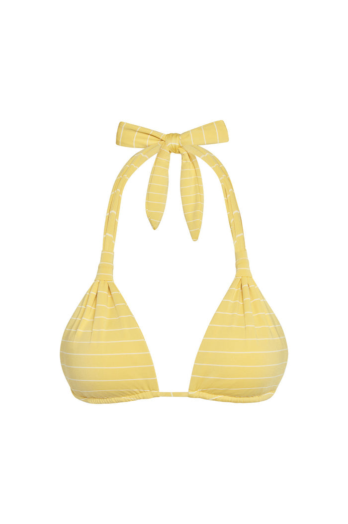 Front view of Tulum Top in Meyer Stripe, pleated triangle cups and adjustable halter neck ties on white background