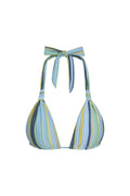 Close-up of Tulum Top - Sardinia Stripe Azure, halter triangle cups and adjustable neck and back ties, white background