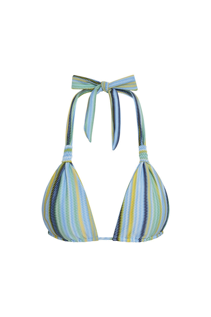 Close-up of Tulum Top - Sardinia Stripe Azure, halter triangle cups and adjustable neck and back ties, white background