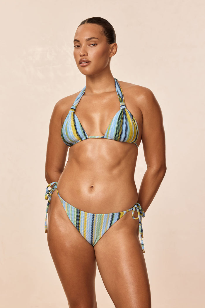 Front view of Tulum Top in Sardinia Stripe Azure with halter triangle cups and multicolor stripes