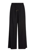 Front of Tuscany Pant in black showing elastic waistband, drawstring with gold tips and wide-leg silhouette, white background