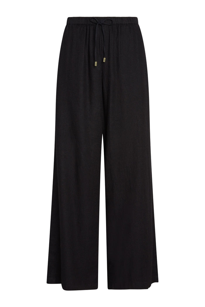 Front of Tuscany Pant in black showing elastic waistband, drawstring with gold tips and wide-leg silhouette, white background