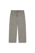Front view of Tuscany Pant Kids black gingham pants showing smocked waistband, drawstring tie and flare leg on white background