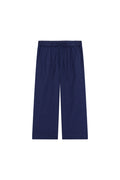 Navy wide-leg pants with elastic waistband and front drawstring