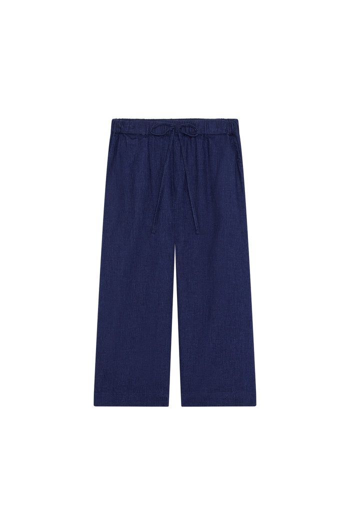 Navy wide-leg pants with elastic waistband and front drawstring