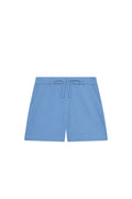 Front view of Tuscany Short Kids shorts in Azure Crinkle showing elastic drawstring waistband and textured fabric on white
