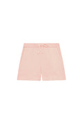 Front view of Tuscany kids short in powder pink crinkle with elastic waist, faux tie and side pockets on white