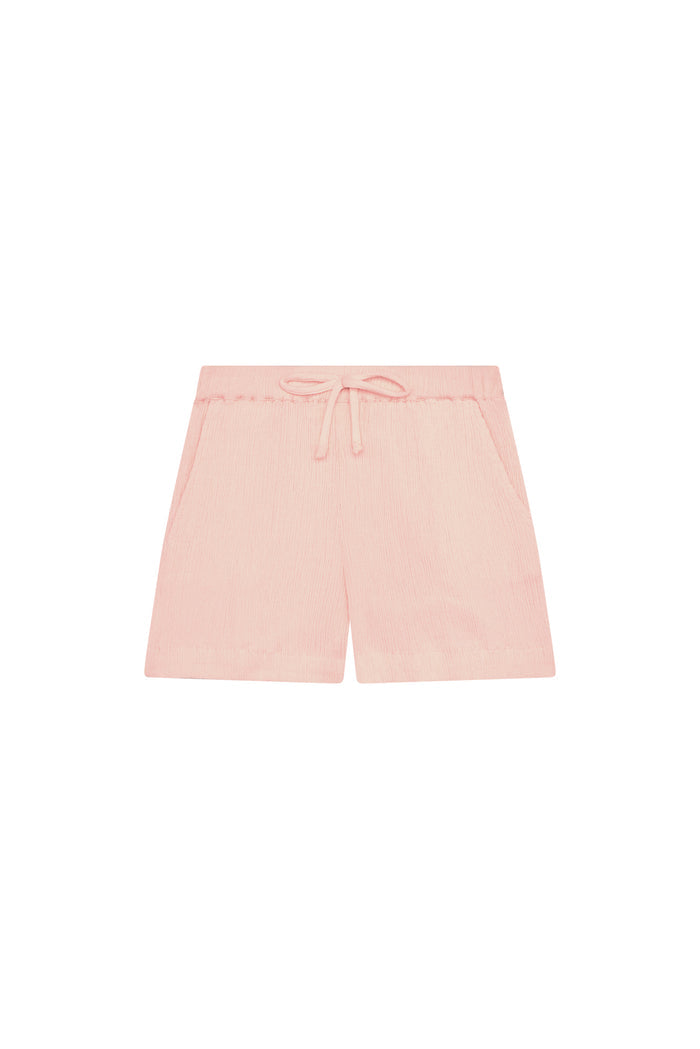 Front view of Tuscany kids short in powder pink crinkle with elastic waist, faux tie and side pockets on white
