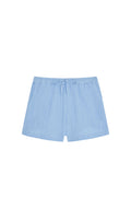 Front flat lay of Tuscany Short Kids in sky blue showcasing crinkle texture, elastic waist with faux tie and side pockets on white background