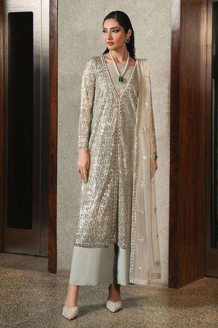 Grey net embroidered gown by NAQSHI with deep V neckline, full adda work detailing, straight PK raw silk trousers, and net dupatta for formal occasions.