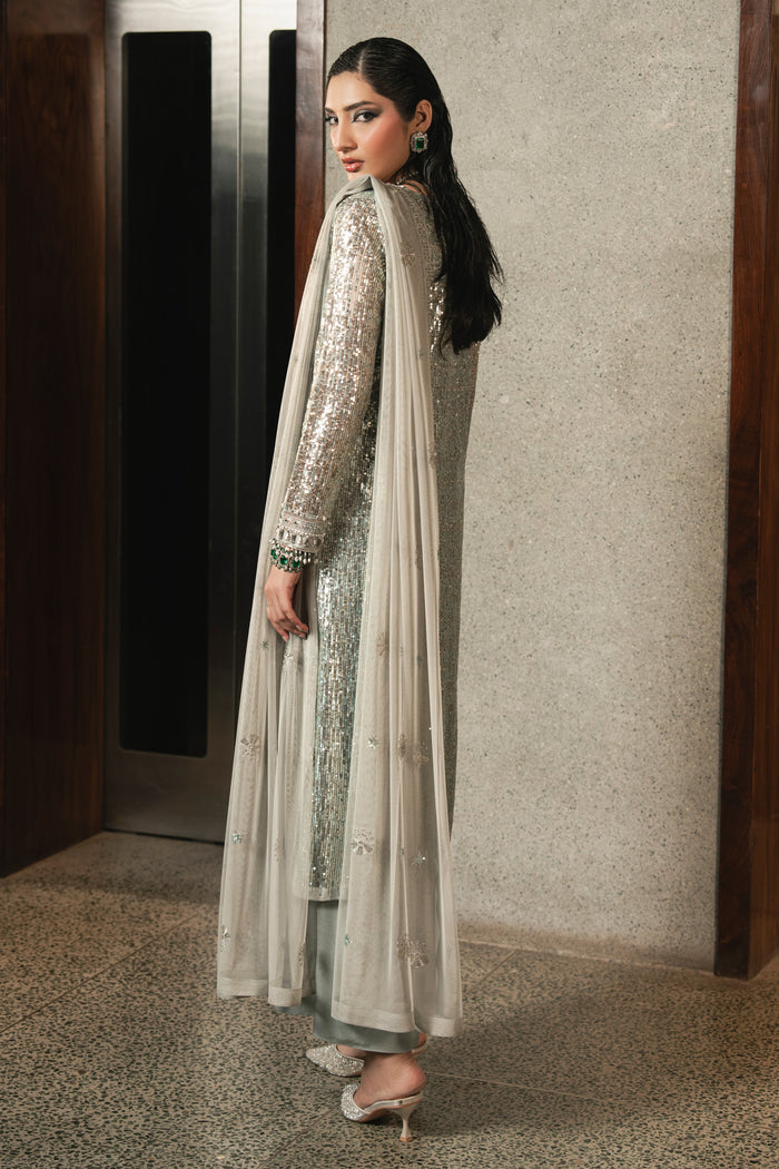 Full-length back view of NAQSHI Urmain grey net gown showing flowing silhouette, all-over sequin embroidery, straight trousers, and soft net dupatta.