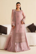 Full front view of NAQSHI blush pink formal ready-to-wear outfit showing long flowy cut and complete stitched event look