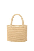 Front view of Valencia small woven raffia bag showing structured body, gold MONDAY logo plate, and rope handles on white background