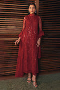 Rose red net embroidered long shirt by NAQSHI with high neck, fitted sleeves, straight PK raw silk trousers, and net dupatta.