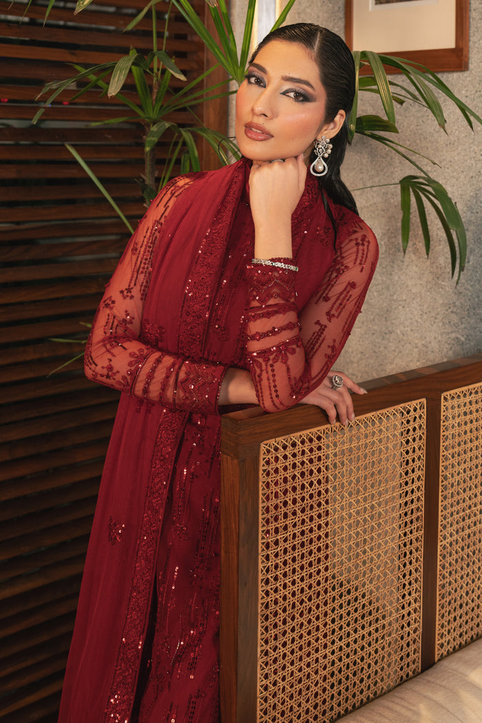 Close view of NAQSHI Valentina rose red net shirt showing detailed adda work, sequin embroidery, fitted sleeves, and high-neck ban design.