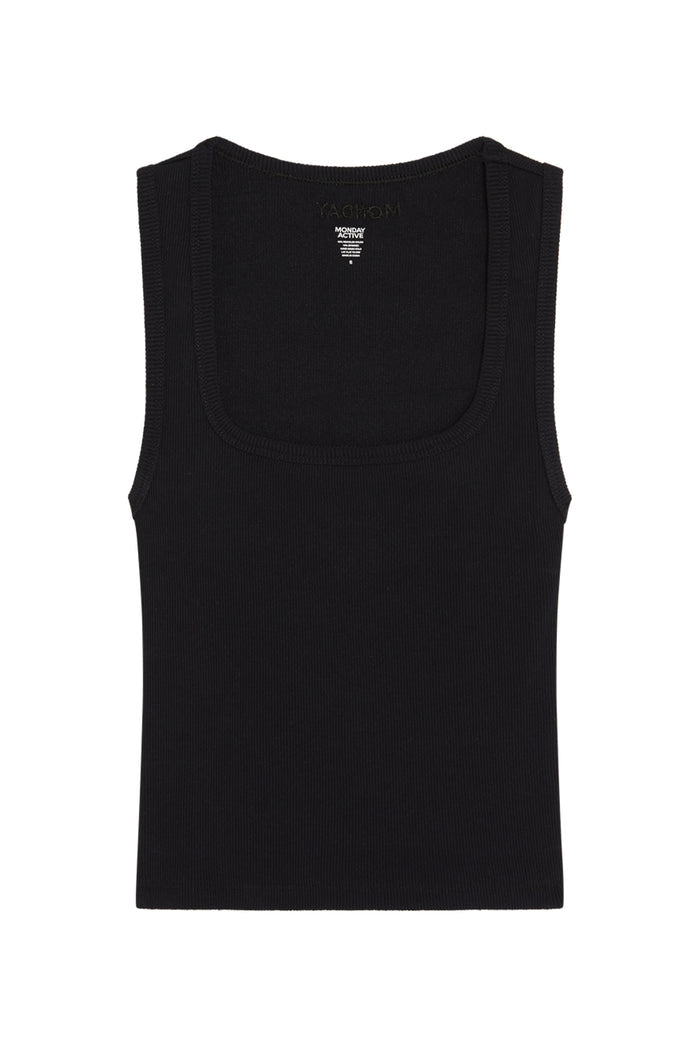 Black ribbed tank top with scoop square neckline and 'MONDAY ACTIVE' label, flat-lay on white background