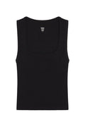 Black ribbed tank top with scoop square neckline and 'MONDAY ACTIVE' label, flat-lay on white background