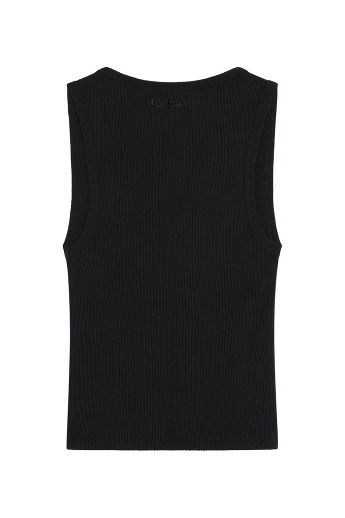 Black ribbed tank top, back view, small embroidered 'MONDAY' near neckline.