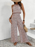 Vibrant Brown & Tan Allover Print Wide Leg Jumpsuit, Sleeveless Crew Neck