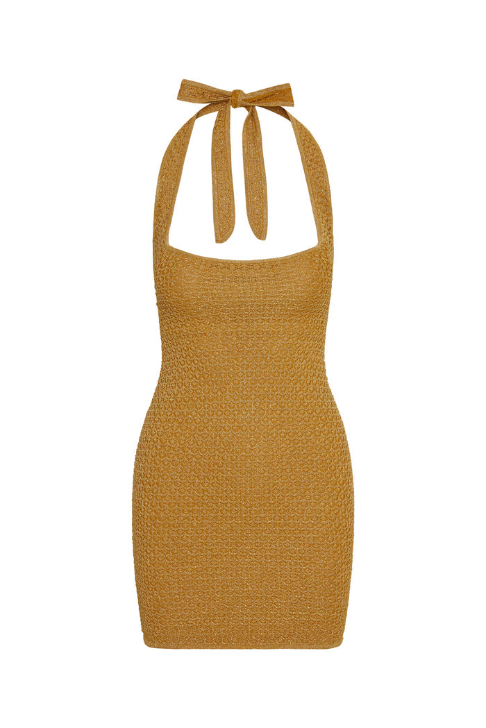 Front of Waikiki Mini Dress in antique gold lurex lace crochet, halter tie neck, fitted silhouette on white background