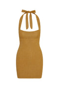 Front of Waikiki Mini Dress in antique gold lurex lace crochet, halter tie neck, fitted silhouette on white background