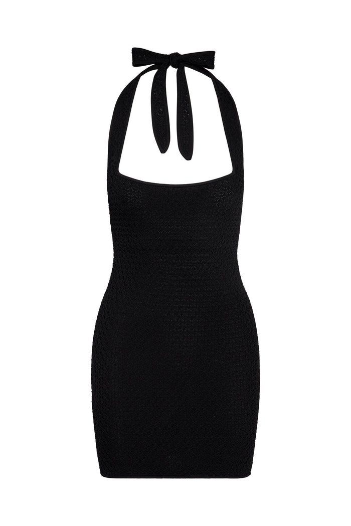 Front of Waikiki Mini Dress, black lace crochet halter with tied bow, textured knit and fitted mini silhouette on white