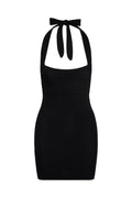 Front of Waikiki Mini Dress, black lace crochet halter with tied bow, textured knit and fitted mini silhouette on white