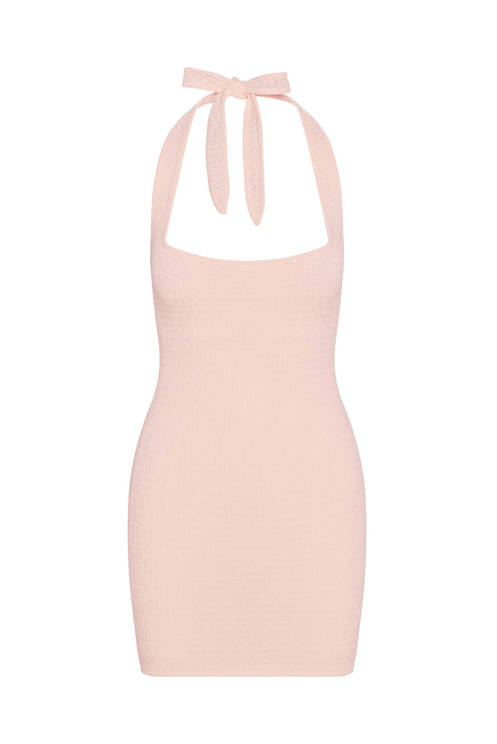 Front view of Waikiki Mini Dress in powder pink lace crochet showing scoop neckline with tie halter and fitted silhouette on white background