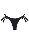 Black tie-side bikini bottom, high-cut Brazilian cut, laid flat on white background.