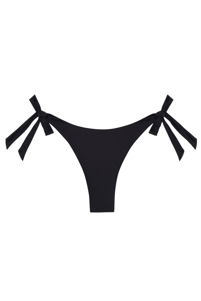 Black tie-side bikini bottom, high-cut Brazilian cut, laid flat on white background.