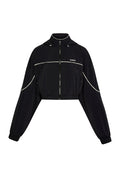 Front view of Westmount Jacket showing cropped fit, zip front, drawstring hood, white piping and MONDAY logo on white background