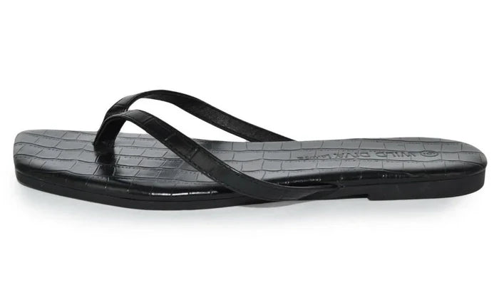 Wild Diva ANNIE-01 Women's Thong Sandals Black – Croc Embossed Square Toe, Size 6.5 NIB