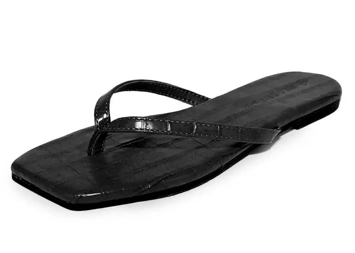 Wild Diva ANNIE-01 Women's Thong Sandals Black – Croc Embossed Square Toe, Size 6.5 NIB