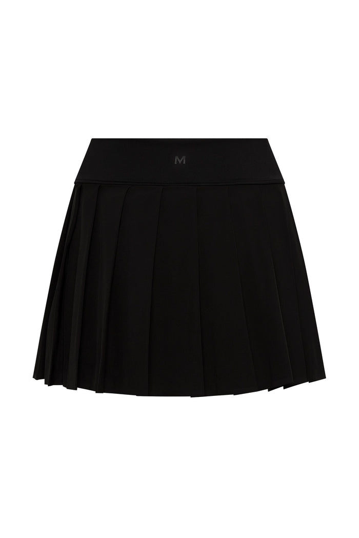 Black pleated mini skirt with wide waistband marked 'M'