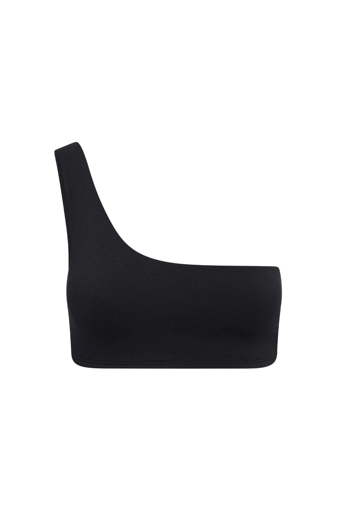 Front view of Windsor Bra in black showcasing one-shoulder design with wide strap on white background