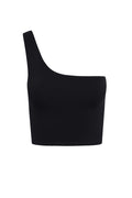 Black one-shoulder cropped top on white background