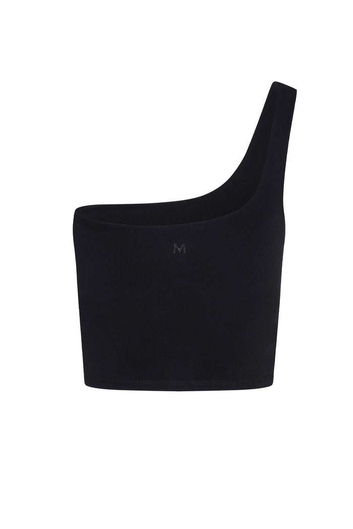 Black one-shoulder cropped tank top with small M logo at center front