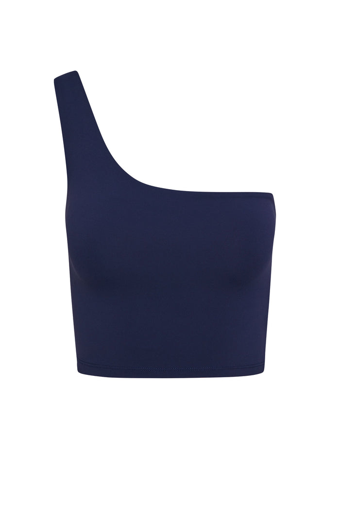 Front view of Windsor Tank one-shoulder swim top showcasing fitted shelf-bra silhouette in midnight navy on white background