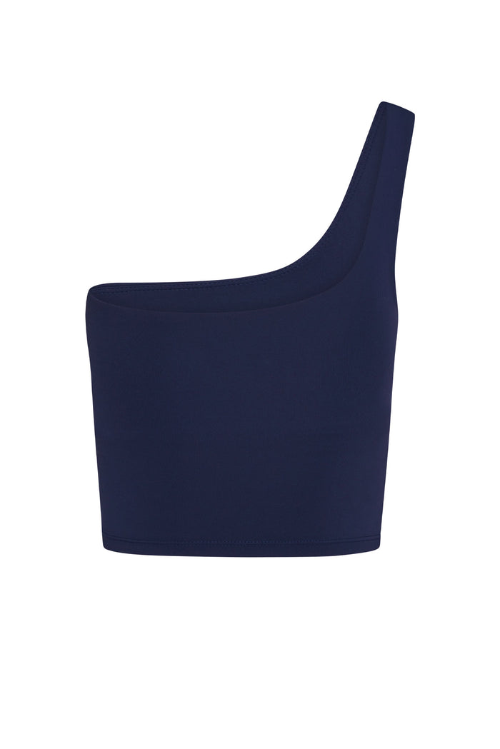 Front view of Windsor Tank in Midnight Jersey showing one-shoulder design, fitted cut and shelf bra on white background