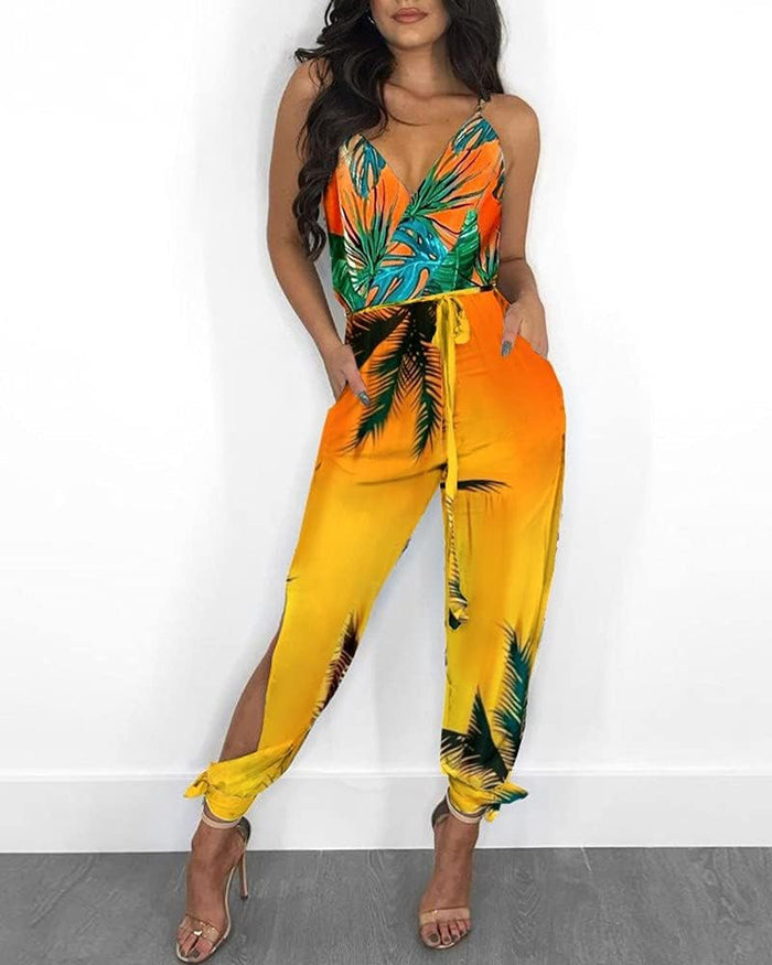 Women Elegant Jumpsuit Vintage Graphic Print V Neck Sleeveless Split Romper Pant