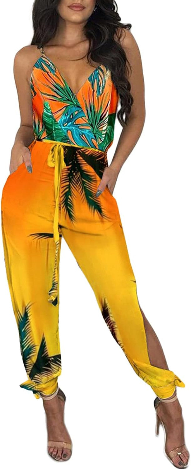 Women Elegant Jumpsuit Vintage Graphic Print V Neck Sleeveless Split Romper Pant