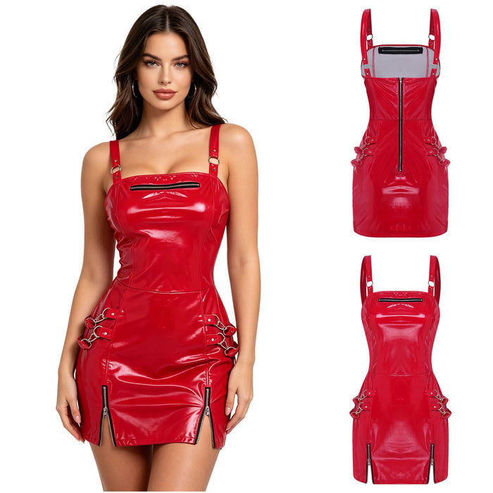 Women Glossy PU Leather Punk Dress Zipper Bodycon Sling Dress for Club Party
