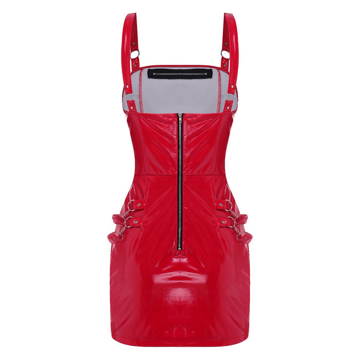 Women Glossy PU Leather Punk Dress Zipper Bodycon Sling Dress for Club Party