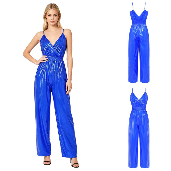 Women Glossy Waterproof Jumpsuit Sling Backless Elastic Wide Leg Pants Romper