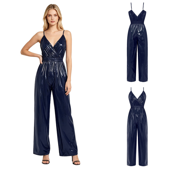 Women Glossy Waterproof Jumpsuit Sling Backless Elastic Wide Leg Pants Romper