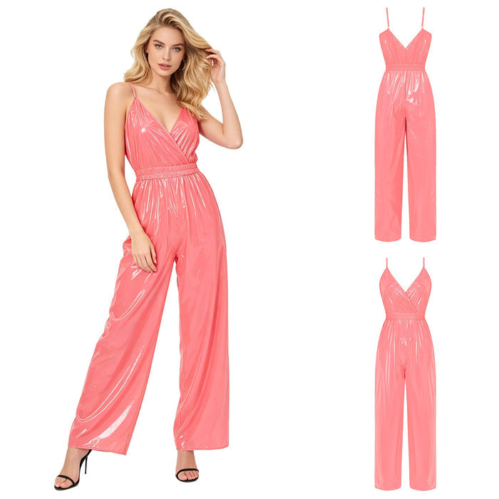 Women Glossy Waterproof Jumpsuit Sling Backless Elastic Wide Leg Pants Romper