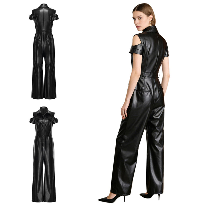 Women Jumpsuit Elegant PU Leather Chic Romper Fashion Cold Shoulder Cargo Club
