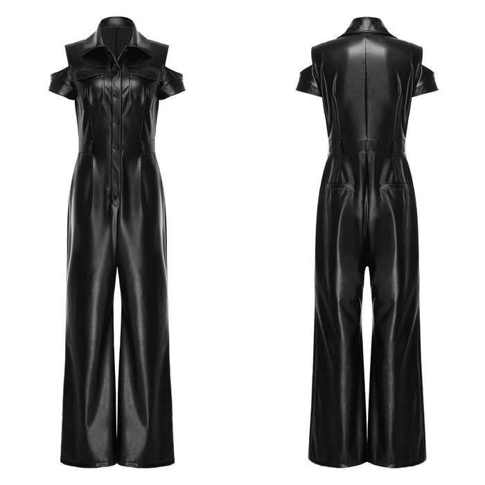Women Jumpsuit Elegant PU Leather Chic Romper Fashion Cold Shoulder Cargo Club